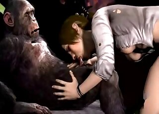 Brunette dressed in grey deepthroating an ape's raging hard-on