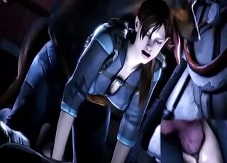 امرأة سمراء ترتدي ملابس ثلاثية الأبعاد يتم صدمها في المهبل بواسطة دوبيرمان متحرك