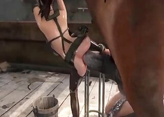 رسوم متحركة إباحية لحيوانات أليفة - امرأة سمراء ثلاثية الأبعاد تتعرض للاغتصاب من قبل حصان ضخم