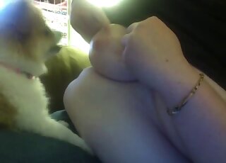 امرأة ناضجة ممتلئة الجسم تسمح لكلب صغير بلعق ثدييها وحلماتها الكبيرة