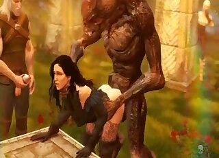 امرأة سمراء متحركة تتعرض لضربة قوية من قبل وحش فضائي