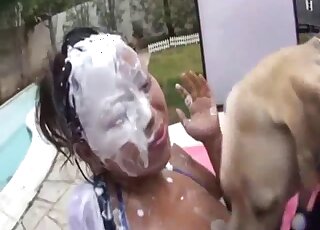 Latin babe is going to get her body licked all over by kinky dogs here