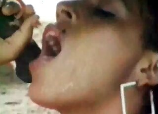 تئن فتاة نحيفة بصوت عالٍ أثناء مص قضيب حصان ضخم