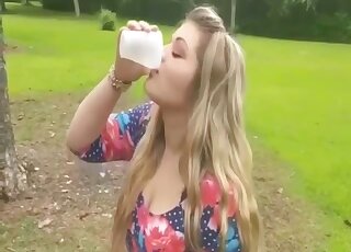Blonde whore drinks dog pee before sharing real zoophilia