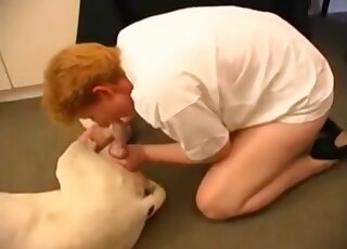 زوجة ناضجة تلعق قضيب الكلب وهي ترتدي ملابسها وعاهرة مثل اللعنة