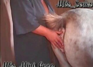 سيدة ناضجة بأيدٍ مرحة تداعب فرج الفرس اللذيذ بقوة