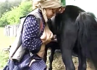 Country girl with big natural tits fucking a black pony in zoo video