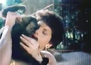 Attractive brunette gives a small-dicked ape a nice blowjob outdoors